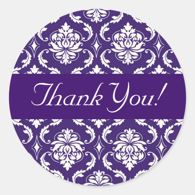 Redonda Boda Pegatina Purple Damask (Anverso)