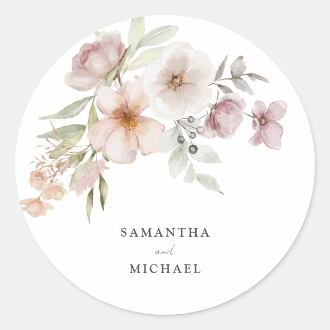 Redonda Boda Rubor Pegatina Floral Rosa (Anverso)