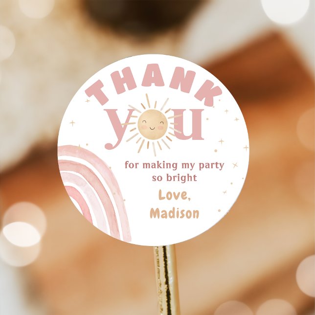 Redonda Boho Rainbow Sunshine Pegatina de cumpleaños rosad (Subido por el creador)