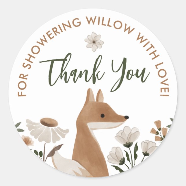 Redonda Boho Woodland Fox Ronda Baby Shower Favor Pegatina (Anverso)