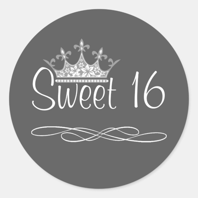 Redonda Bonito Crown Dark Gray Sweet 16 Pegatina de cumple (Anverso)
