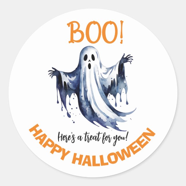 Redonda ¡Boo! Feliz pegatina Ghost Halloween (Anverso)