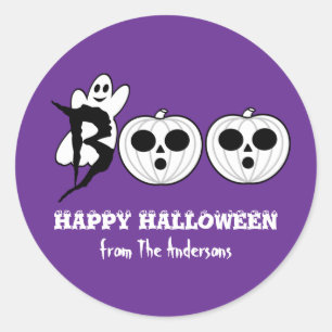 Redonda ¡BOO! Pegatina de calabazas fantasma de Halloween