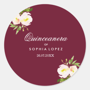 Redonda Borgoña elegante Pegatina de Quinceanera floral