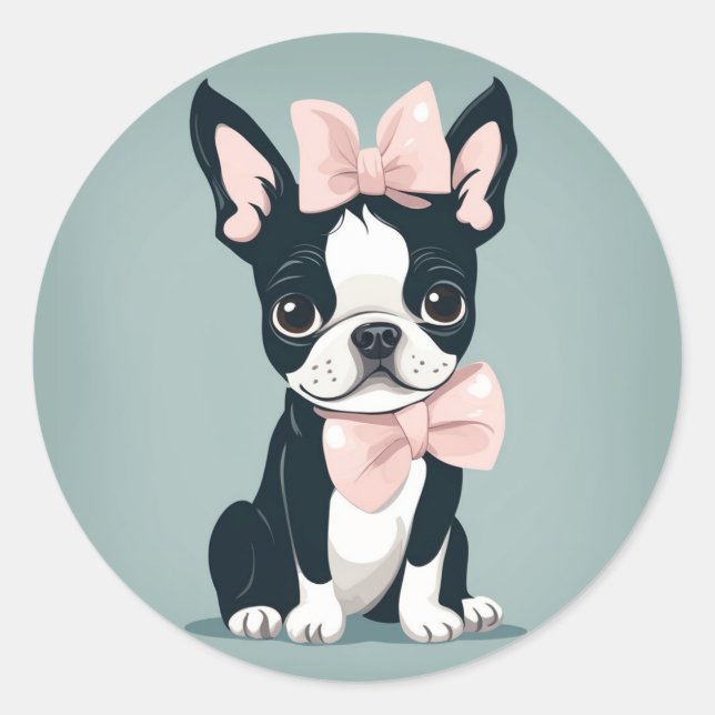 Redonda Boston Terrier con Pegatina Bow (Anverso)