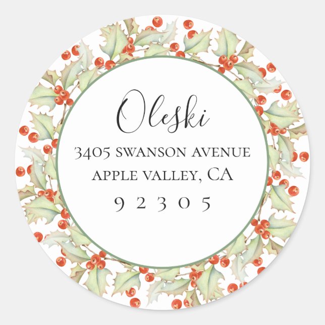 Redonda Boughes De Holly Wreath Return Address Pegatina (Anverso)