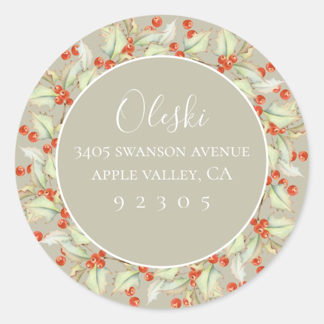 Redonda Boughes De Holly Wreath Return Address Pegatina (Anverso)