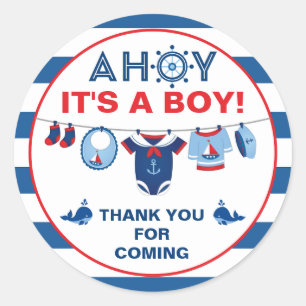 Redonda Boy Baby Shower Nautical Classic Round Pegatina
