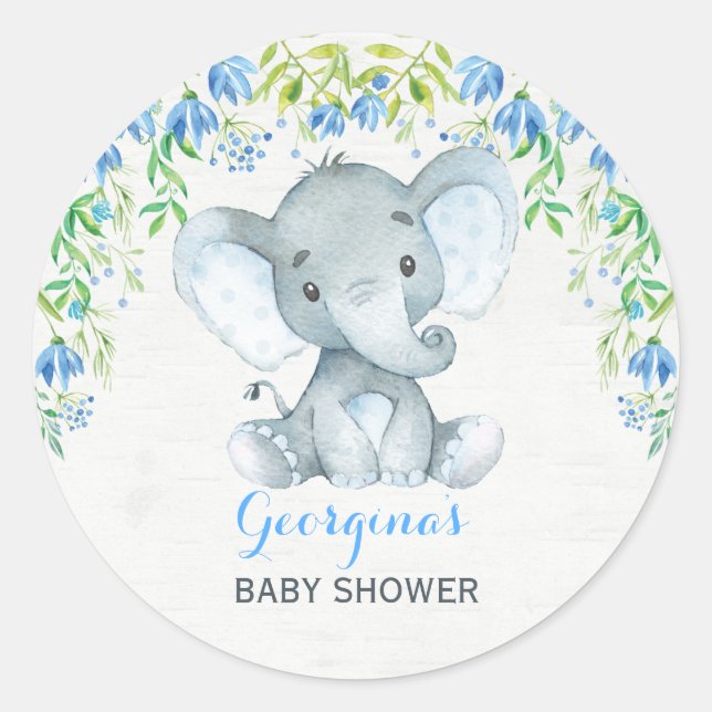 Redonda Boy Elephant Gracias Pegatina Baby Shower Favorece (Anverso)