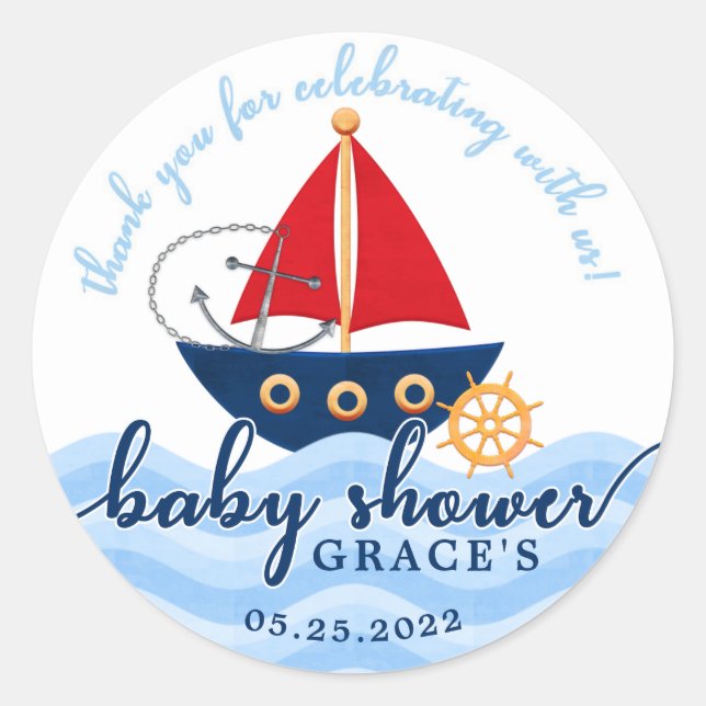Redonda Boys Nautical Boat Baby Shower Gracias Pegatina (Anverso)