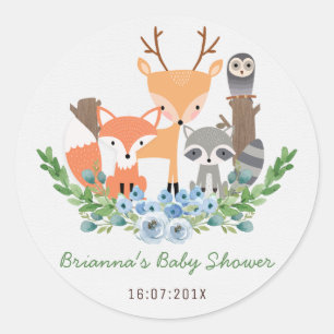 Redonda Boys Woodland Animals Pegatina de Baby Shower