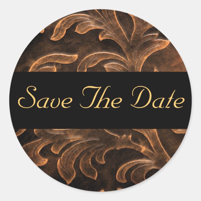 Redonda Bronze Scroll Leaf Gold Save The Date Pegatina (Anverso)