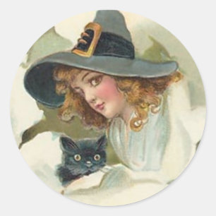 Redonda Bruja joven y gato negro - pegatina de Halloween