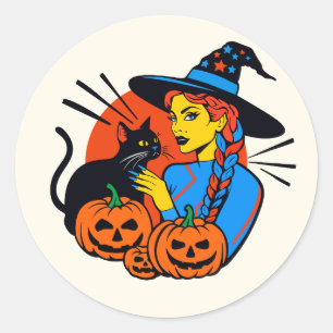 Redonda bruja pegatina de Halloween con gato