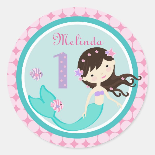 Redonda Brunette Mermaid Age One Birday Pegatina (Anverso)