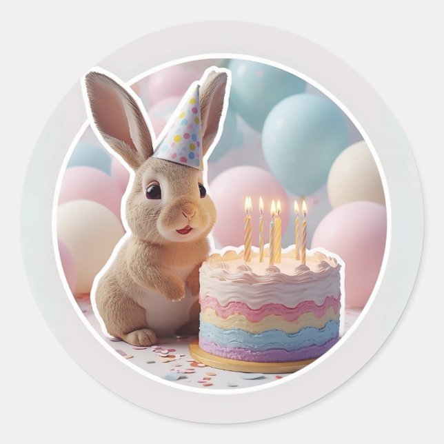 Redonda Bunny with Birthday Cake Fiesta Pegatina (Anverso)
