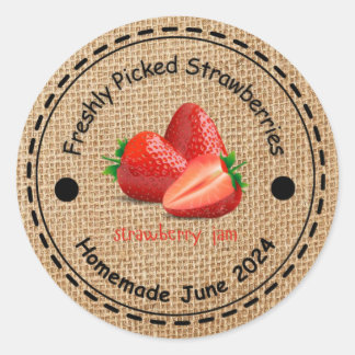 Redonda Burlap Strawberry Jam Pegatina