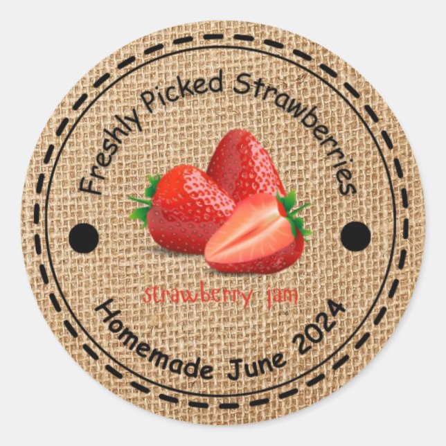 Redonda Burlap Strawberry Jam Pegatina (Anverso)