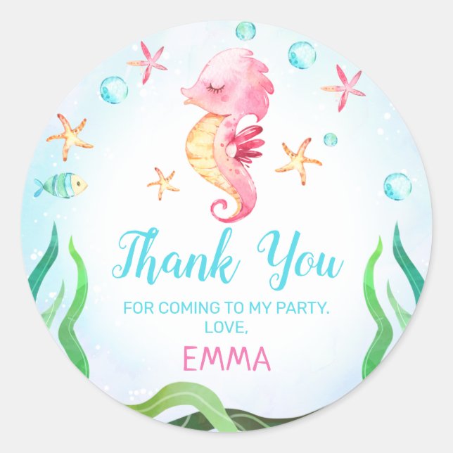 Redonda Caballo De Mar Bajo El Pegatina De Cumpleaños Del  (Anverso)