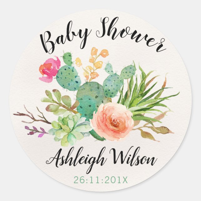 Redonda Cactus Fiesta Baby Shower Pegatina (Anverso)