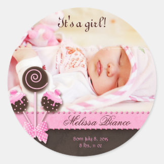 Redonda Cake Pops Baby Girl Pegatina Pink Brown Candy