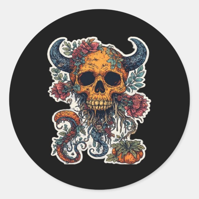 Redonda Calavera con cuernos y Pegatina de calabaza - Espe (Anverso)