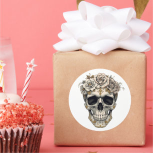 Redonda Calavera Floral Pegatina Ivory Elegante Halloween