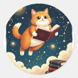 Redonda Camiseta de pegatina de lectura espacial de gato g
