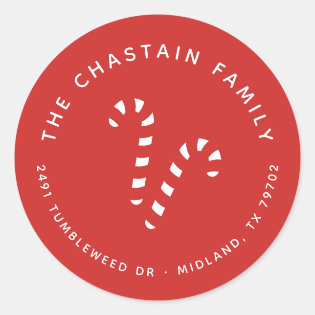 Redonda Candy Cane Red Navidades Retorno Pegatina de direc (Anverso)