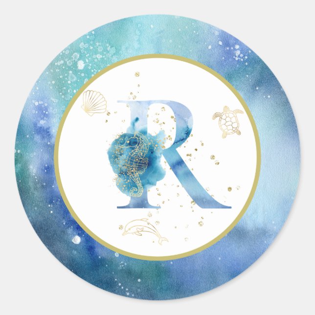 Redonda *~* CARTA R - Pegatina de sobres de playa náutica (Anverso)