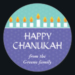 Redonda Chanukah Menorah Pegatina<br><div class="desc">Enciende la menorah y comparte tu alegría en Chanukah. Un mensaje de vacaciones coronado por una menorah Chanukah completamente iluminada imprime contra paneles de color morado y verde azulado con un sutil patrón de círculo. Disponible en colores alternativos con franqueo, tarjetas fotográficas, tarjetas y etiquetas coincidentes.</div>