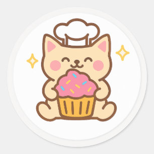 Redonda Chef de gato Kawaii con pegatina de pastelito