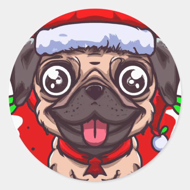 Redonda Chibi Kawaii Navidades de Perro Pug Pegatina del c (Anverso)