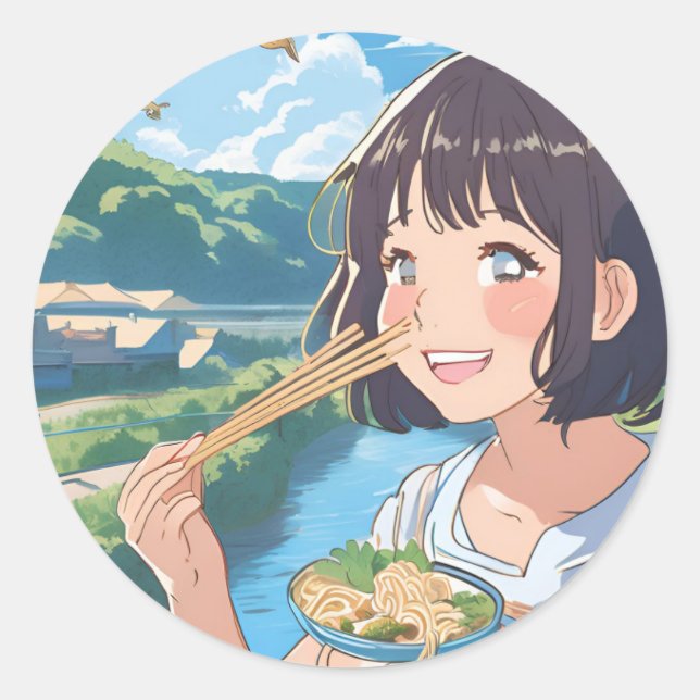 Redonda Chica animal comiendo pegatina de ramen (Anverso)