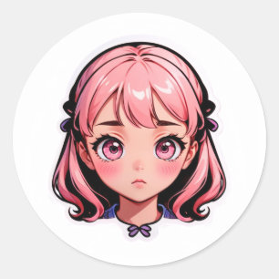 Redonda Chica Anime Pegatina - Cabello Rosa Estilo Chibi 