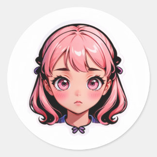 Redonda Chica Anime Pegatina - Cabello Rosa Estilo Chibi