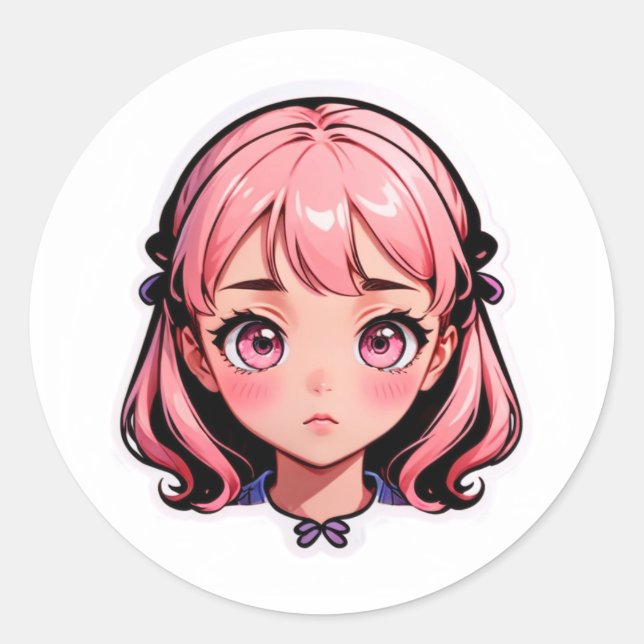 Redonda Chica Anime Pegatina - Cabello Rosa Estilo Chibi  (Anverso)