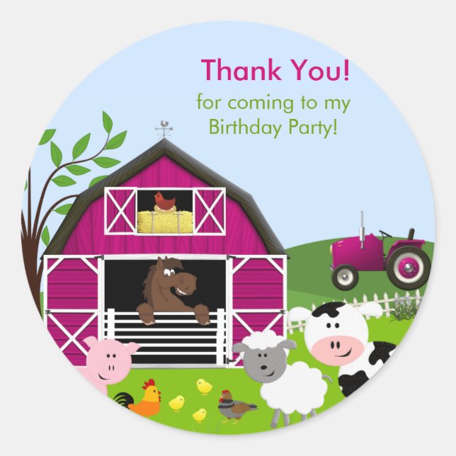 Redonda Chica Barnyard Farm Animals Pegatina de cumpleaños (Anverso)