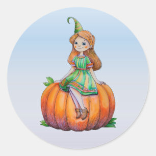 Redonda Chica de fantasía en un Pegatina de calabaza