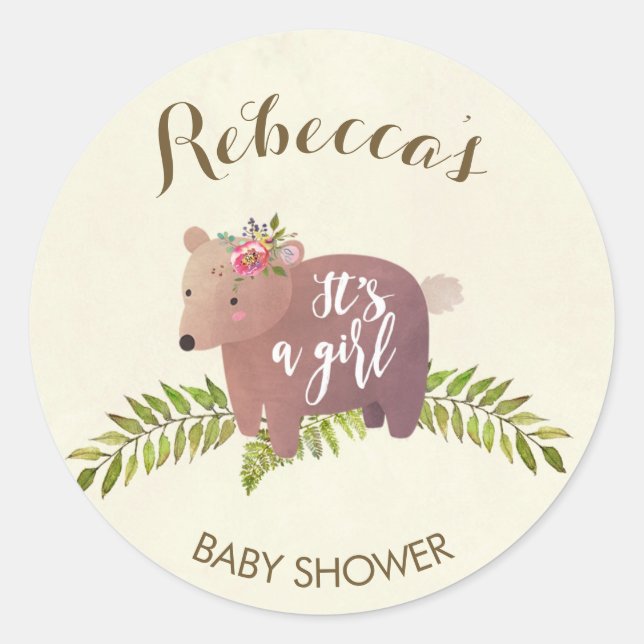 Redonda chica de oso de pegatina con ducha de bebé (Anverso)