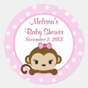 Redonda CHICA MONKEY Dulce Safari pegatina de Baby Shower 