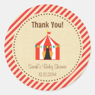 Redonda Circus Tent Baby Shower Pegatina Red Stripes