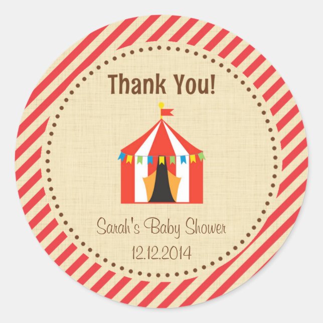 Redonda Circus Tent Baby Shower Pegatina Red Stripes (Anverso)