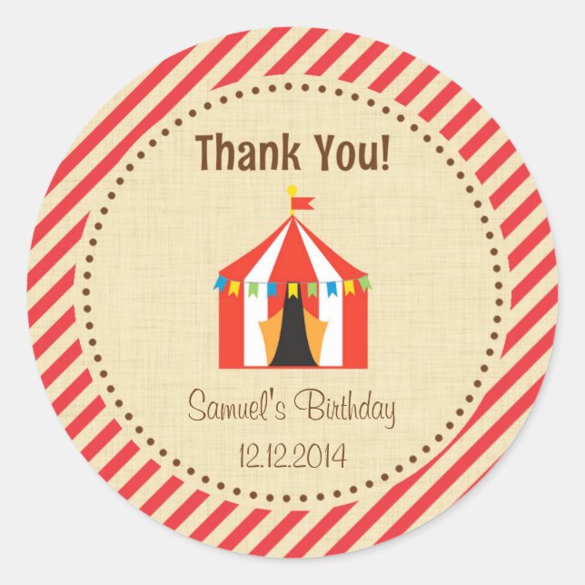 Redonda Circus Tent Birday Pegatina Red Stripes (Anverso)