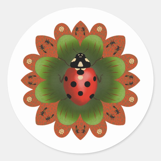 Redonda Clásico pegatina redondo con mariquita en rojo y v (Anverso)