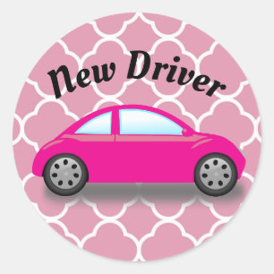 Redonda Coche Rosa Conductor Novato en Pegatina de Cuatref