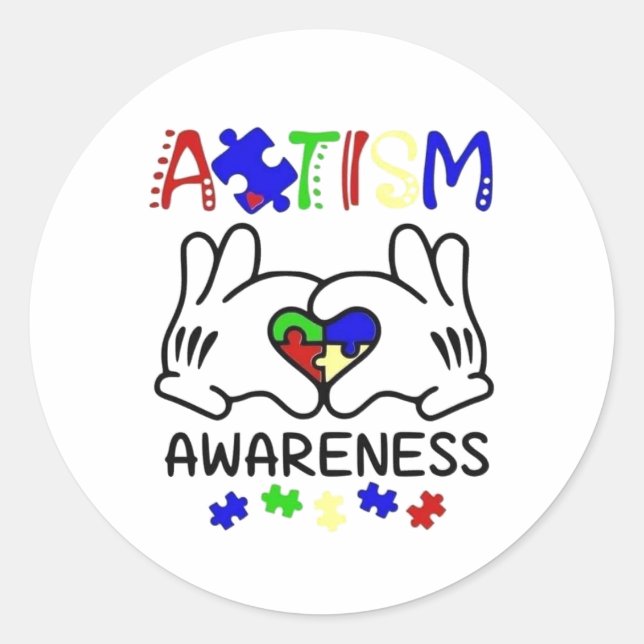 Redonda Concientización sobre autismo manos pegatina (Anverso)