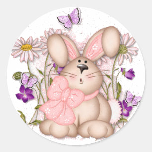 Redonda Conejito en campos: Pegatina feliz de Pascua