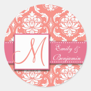 Redonda Coral Pink Damask Wedding Favor Pegatina Pink