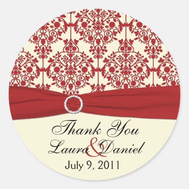 Redonda Cream y Red Damask 1.5" Gracias Pegatina (Anverso)